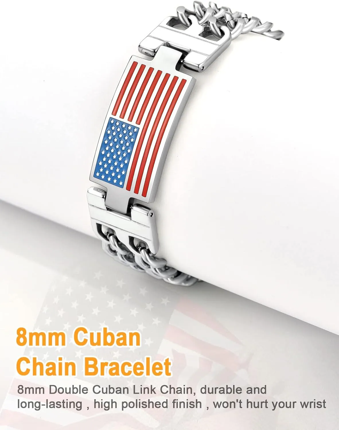 U7 Bracelets for Men American Flag Bracelets 4th of July Jewelry Leather Wristband Stainless Steel/18K Gold Plated/Black Cuban Link Chain Bracelets with US Flag Patriotic Bracelets,7.5/8.3/9 Inches