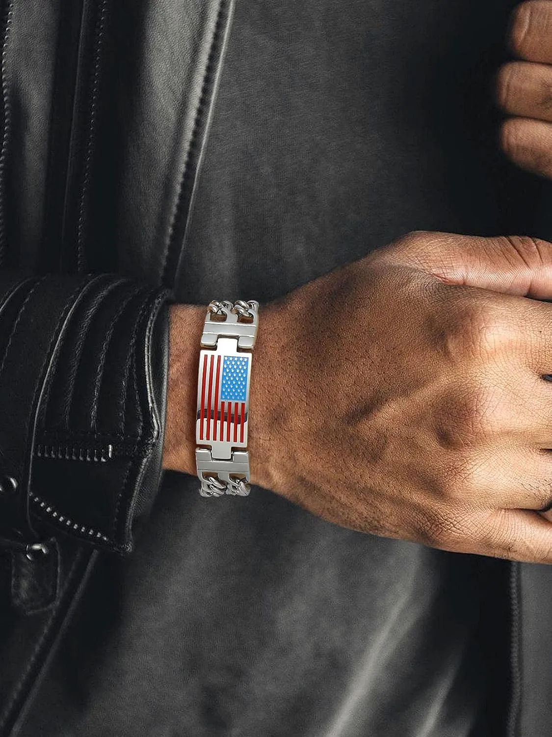 U7 Bracelets for Men American Flag Bracelets 4th of July Jewelry Leather Wristband Stainless Steel/18K Gold Plated/Black Cuban Link Chain Bracelets with US Flag Patriotic Bracelets,7.5/8.3/9 Inches