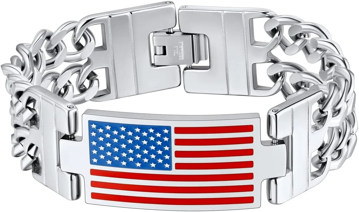 U7 Bracelets for Men American Flag Bracelets 4th of July Jewelry Leather Wristband Stainless Steel/18K Gold Plated/Black Cuban Link Chain Bracelets with US Flag Patriotic Bracelets,7.5/8.3/9 Inches