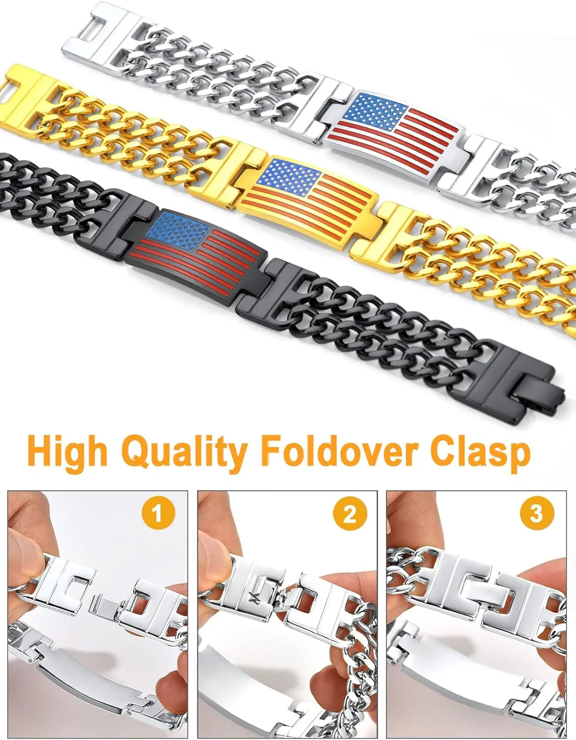 U7 Bracelets for Men American Flag Bracelets 4th of July Jewelry Leather Wristband Stainless Steel/18K Gold Plated/Black Cuban Link Chain Bracelets with US Flag Patriotic Bracelets,7.5/8.3/9 Inches