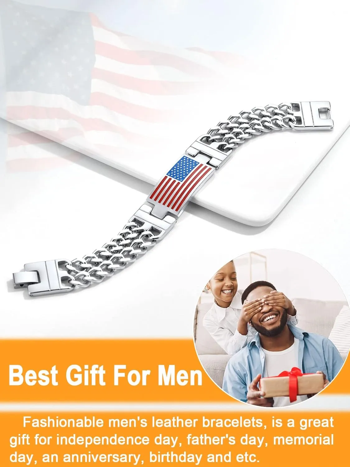U7 Bracelets for Men American Flag Bracelets 4th of July Jewelry Leather Wristband Stainless Steel/18K Gold Plated/Black Cuban Link Chain Bracelets with US Flag Patriotic Bracelets,7.5/8.3/9 Inches