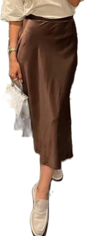 UAURORAO Women Satin Midi Skirt High Waist Silk Mermaid Skirt Casual Ruffle Elegant Cocktail Party Work Maxi Skirt