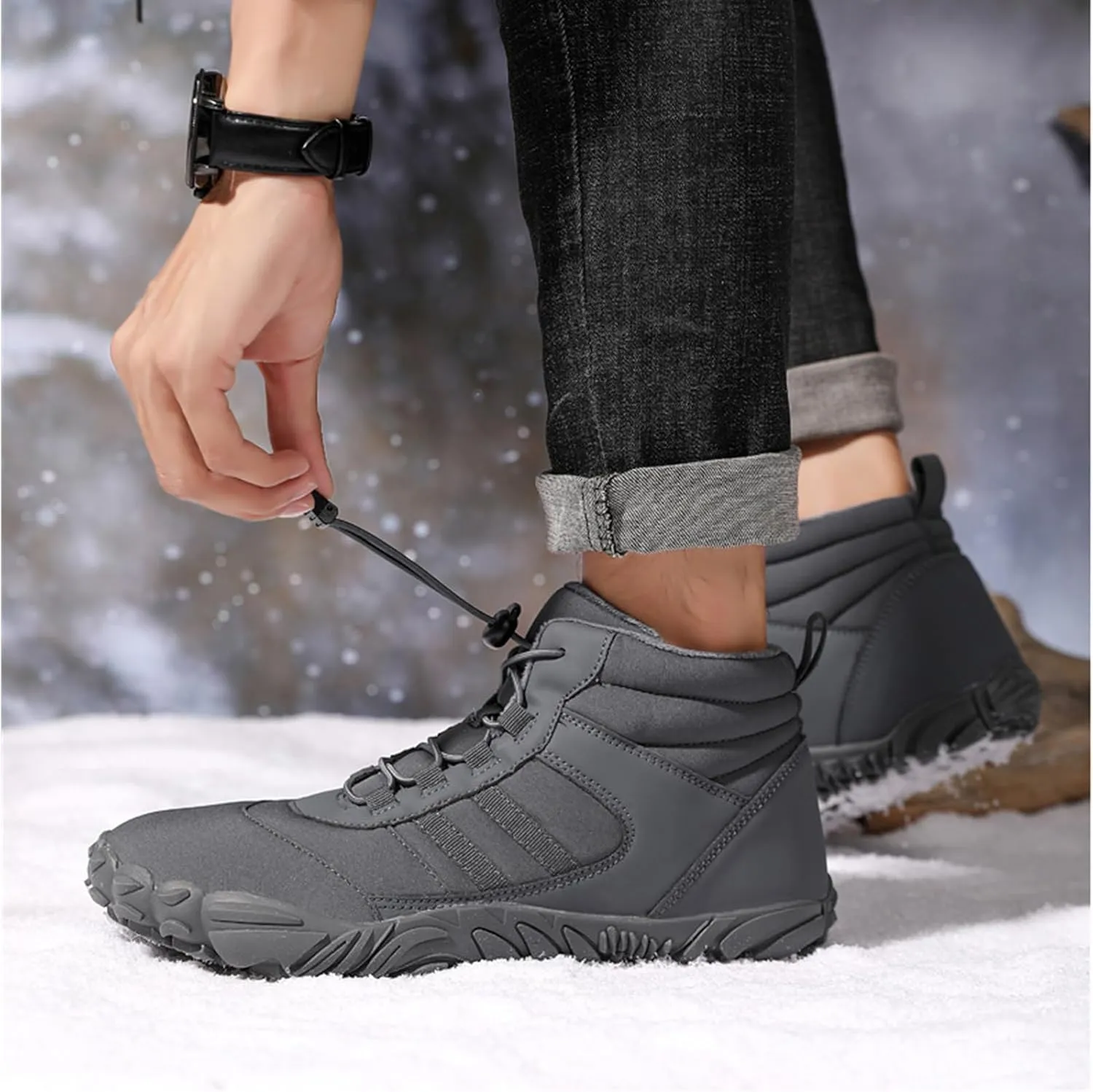 UZUJBAA Men's Winter Warm Wide Toe Barefoot Shoes,Waterproof Fur Lined Minimalist Zero Drop Non-Slip Sole Sneakers Hiking Walking Shoes Comfort Outdoor Ankle Booties with Adjustable Elastic Band