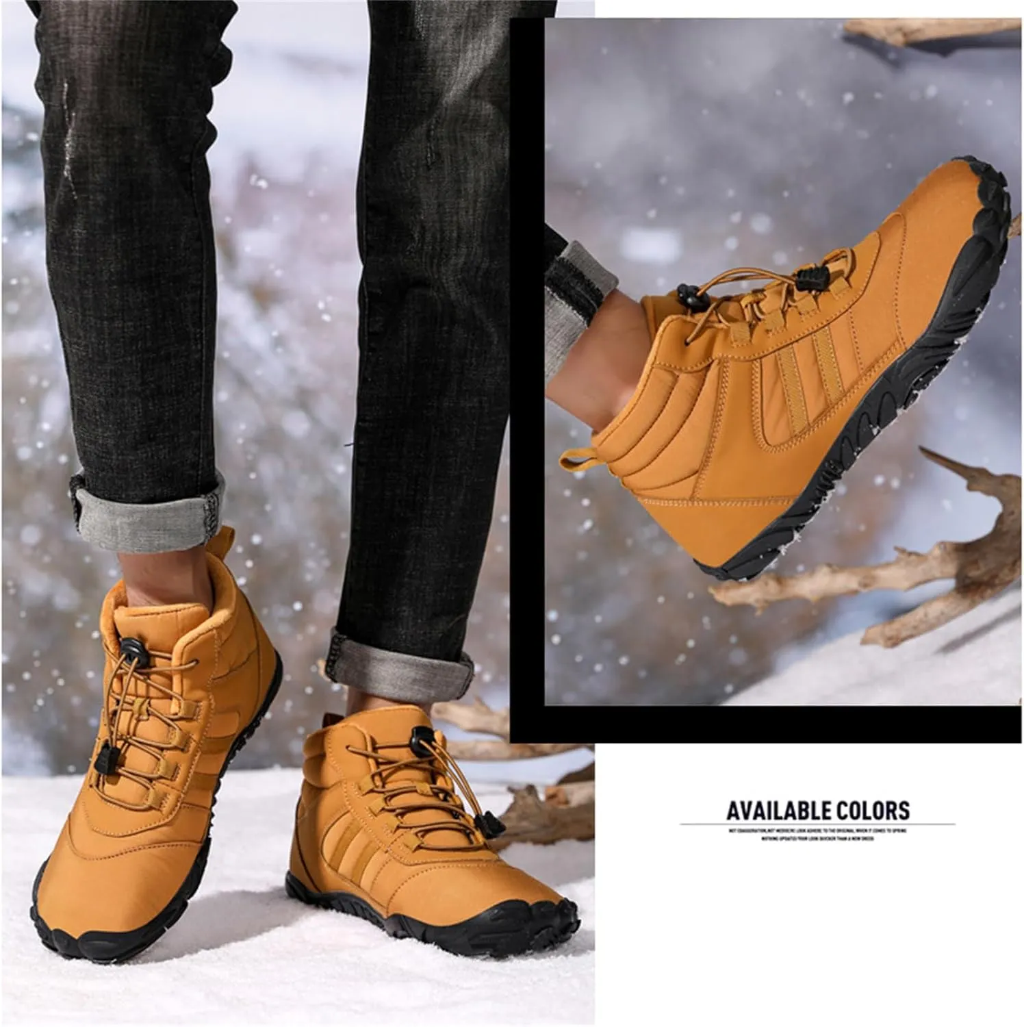 UZUJBAA Men's Winter Warm Wide Toe Barefoot Shoes,Waterproof Fur Lined Minimalist Zero Drop Non-Slip Sole Sneakers Hiking Walking Shoes Comfort Outdoor Ankle Booties with Adjustable Elastic Band