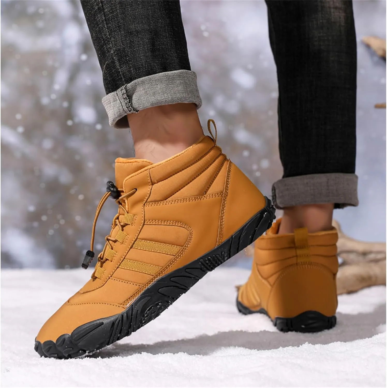 UZUJBAA Men's Winter Warm Wide Toe Barefoot Shoes,Waterproof Fur Lined Minimalist Zero Drop Non-Slip Sole Sneakers Hiking Walking Shoes Comfort Outdoor Ankle Booties with Adjustable Elastic Band
