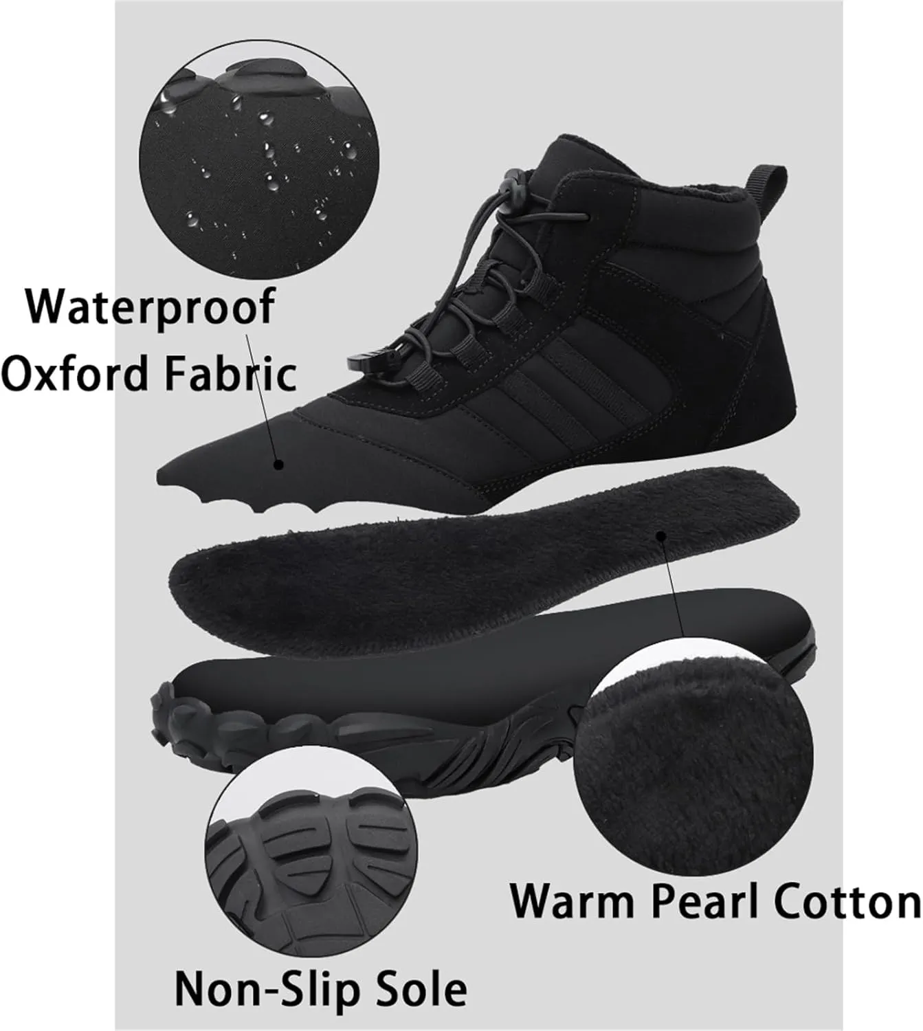UZUJBAA Men's Winter Warm Wide Toe Barefoot Shoes,Waterproof Fur Lined Minimalist Zero Drop Non-Slip Sole Sneakers Hiking Walking Shoes Comfort Outdoor Ankle Booties with Adjustable Elastic Band