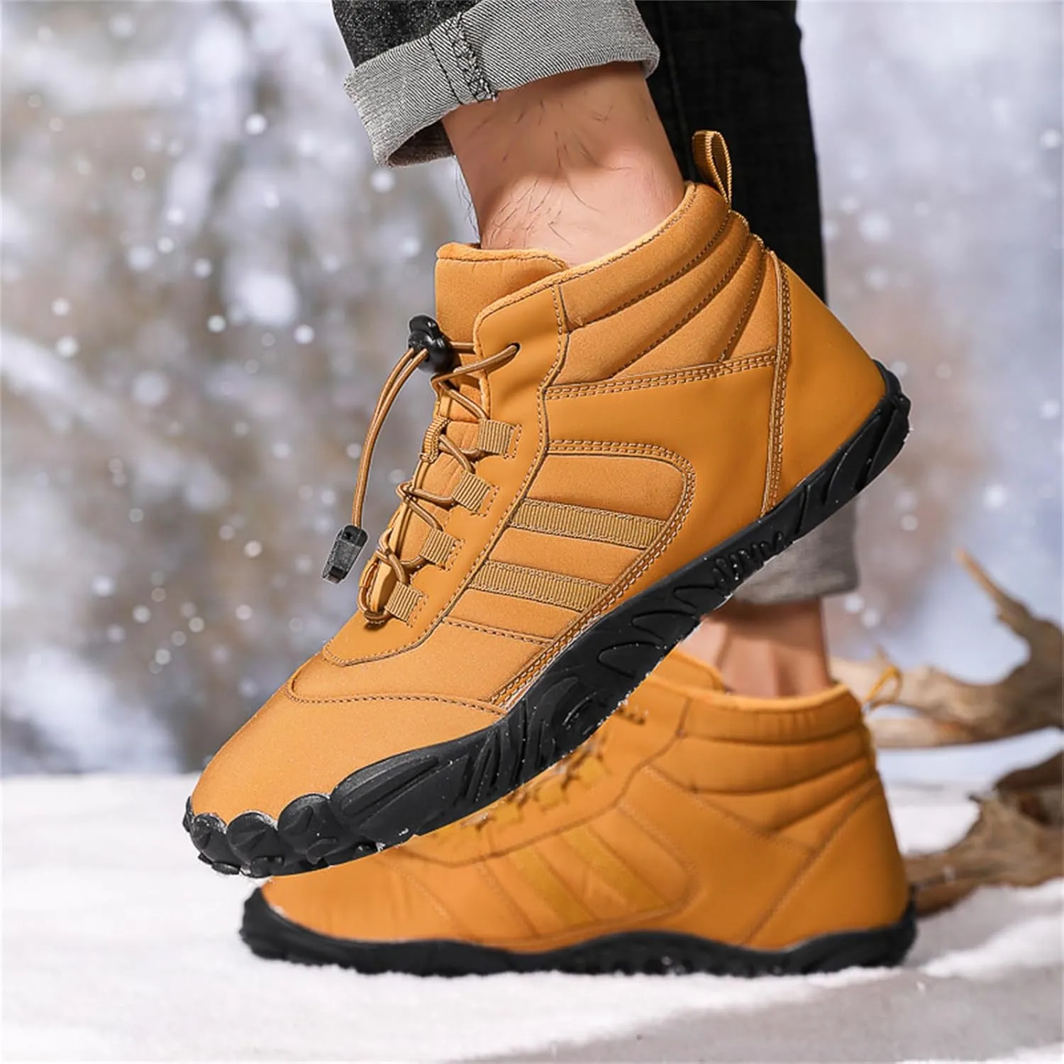 UZUJBAA Men's Winter Warm Wide Toe Barefoot Shoes,Waterproof Fur Lined Minimalist Zero Drop Non-Slip Sole Sneakers Hiking Walking Shoes Comfort Outdoor Ankle Booties with Adjustable Elastic Band