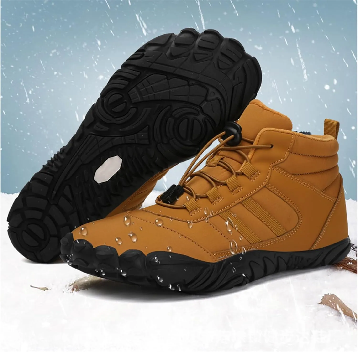UZUJBAA Men's Winter Warm Wide Toe Barefoot Shoes,Waterproof Fur Lined Minimalist Zero Drop Non-Slip Sole Sneakers Hiking Walking Shoes Comfort Outdoor Ankle Booties with Adjustable Elastic Band