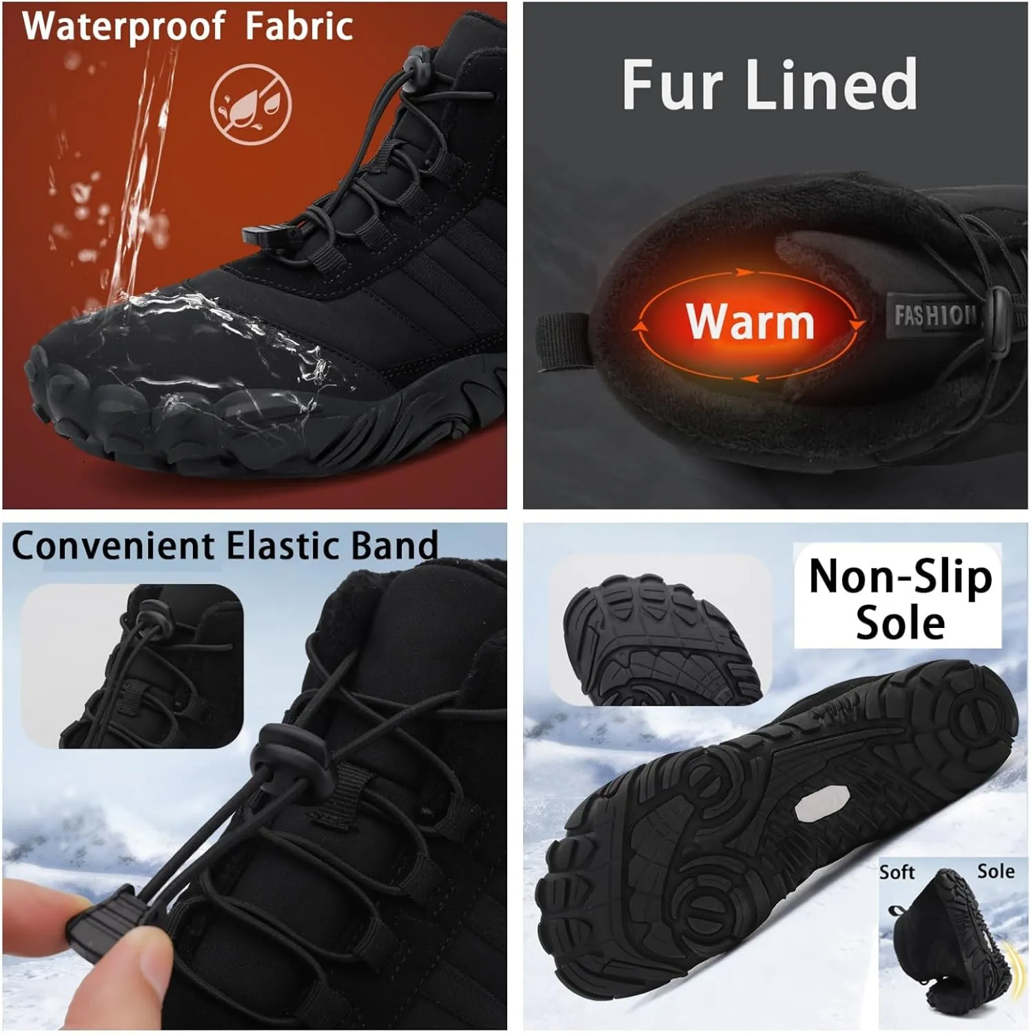 UZUJBAA Men's Winter Warm Wide Toe Barefoot Shoes,Waterproof Fur Lined Minimalist Zero Drop Non-Slip Sole Sneakers Hiking Walking Shoes Comfort Outdoor Ankle Booties with Adjustable Elastic Band
