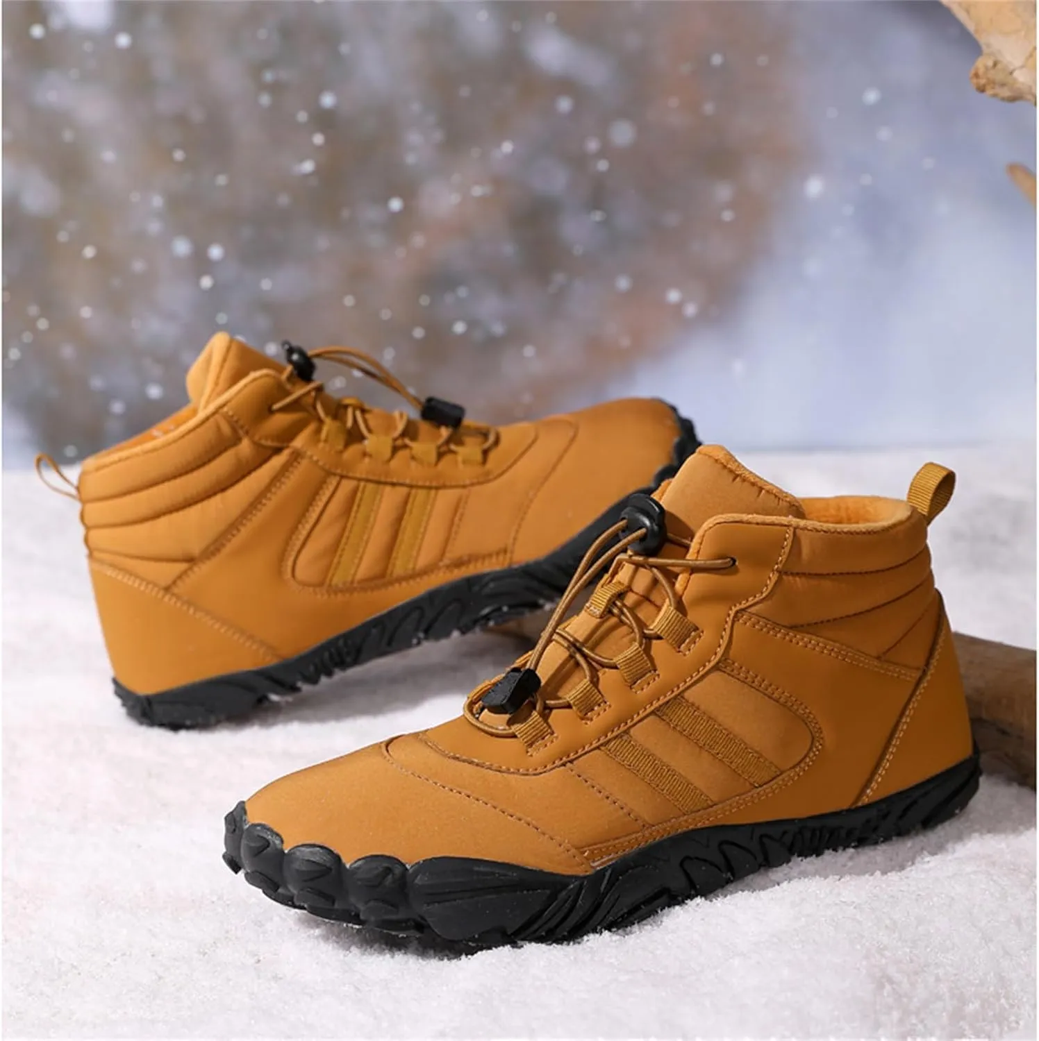 UZUJBAA Men's Winter Warm Wide Toe Barefoot Shoes,Waterproof Fur Lined Minimalist Zero Drop Non-Slip Sole Sneakers Hiking Walking Shoes Comfort Outdoor Ankle Booties with Adjustable Elastic Band