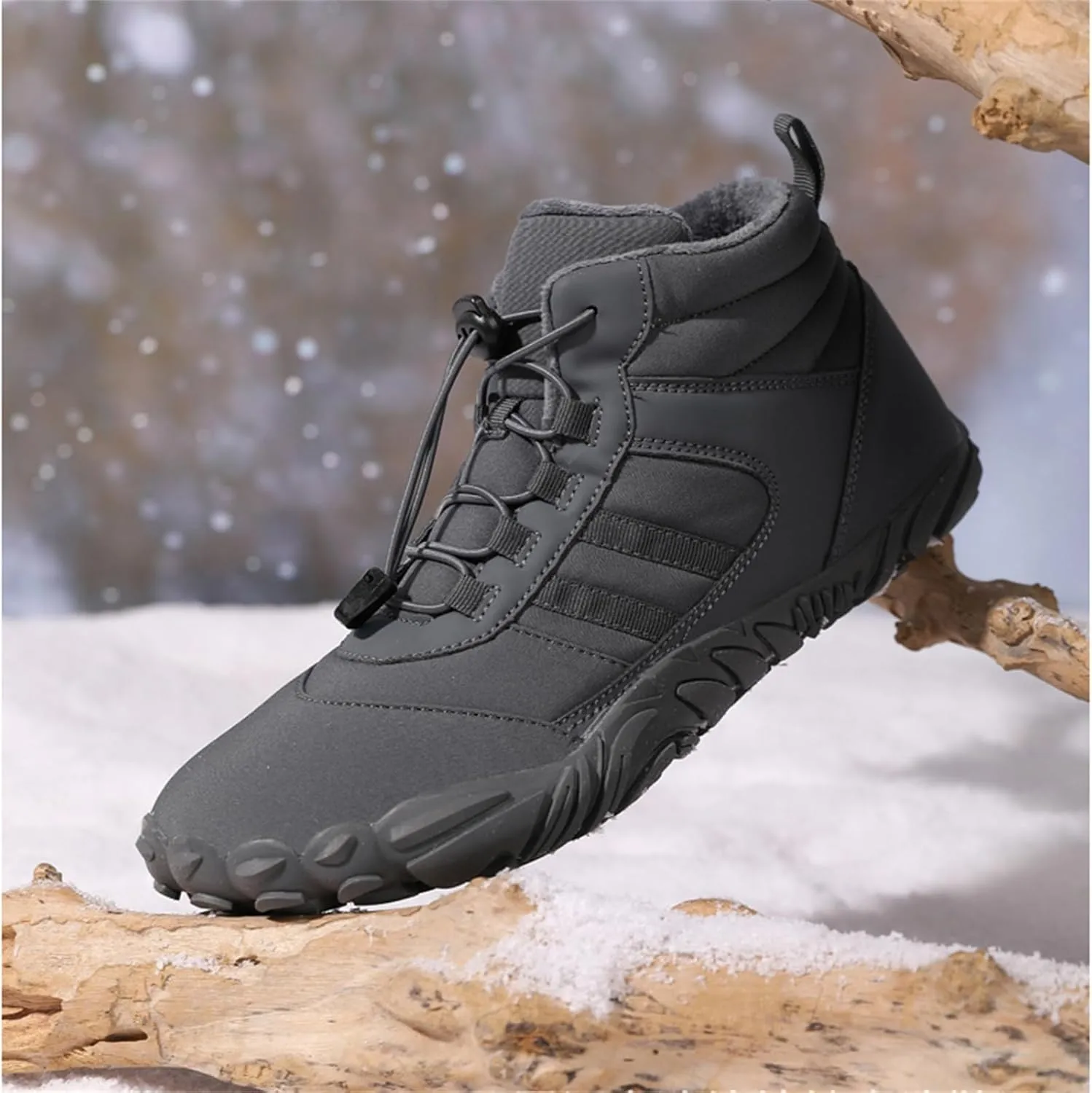 UZUJBAA Men's Winter Warm Wide Toe Barefoot Shoes,Waterproof Fur Lined Minimalist Zero Drop Non-Slip Sole Sneakers Hiking Walking Shoes Comfort Outdoor Ankle Booties with Adjustable Elastic Band