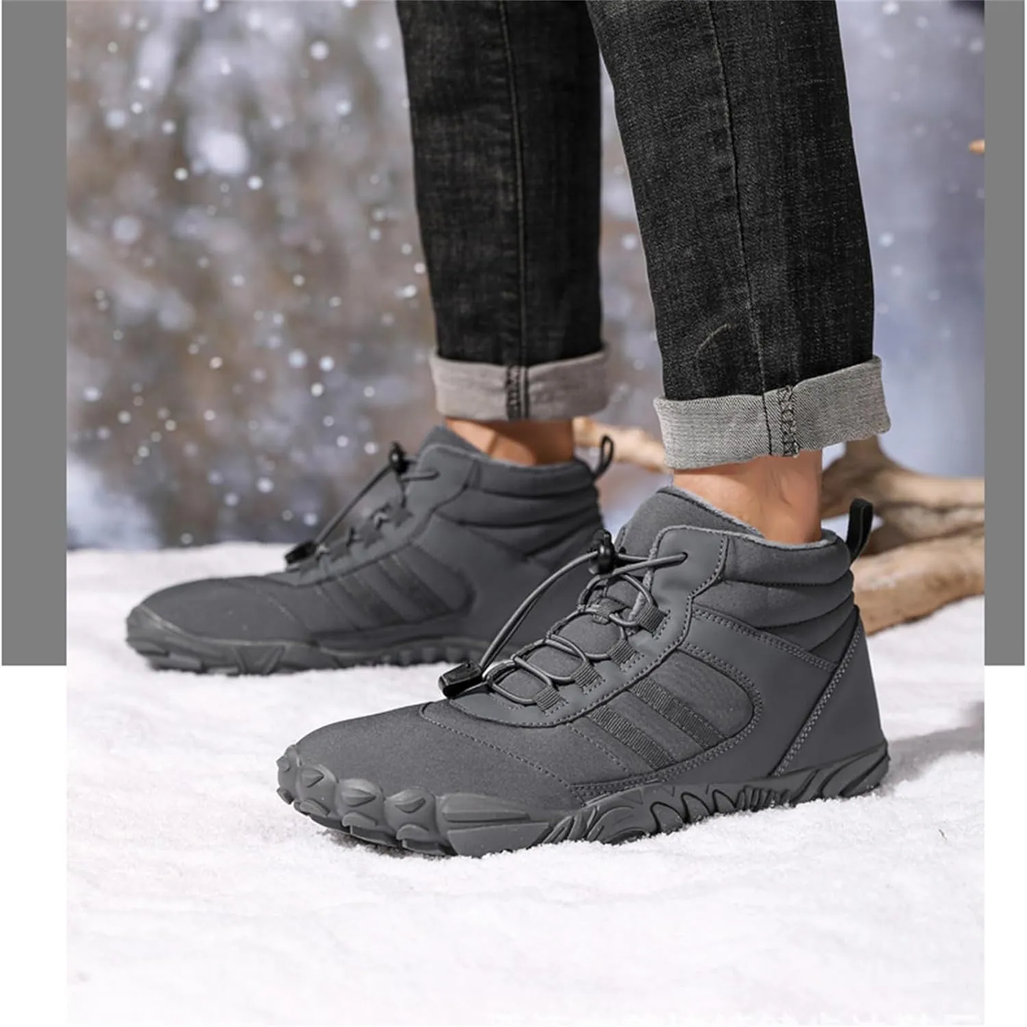UZUJBAA Men's Winter Warm Wide Toe Barefoot Shoes,Waterproof Fur Lined Minimalist Zero Drop Non-Slip Sole Sneakers Hiking Walking Shoes Comfort Outdoor Ankle Booties with Adjustable Elastic Band
