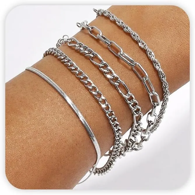 VIBILIA Silver Chain Bracelet Sets for Women Silver Plated Dainty Twist Link Paperclip Bracelets Stackable Adjustable Layered Metal Bracelet Fashion Jewelry
