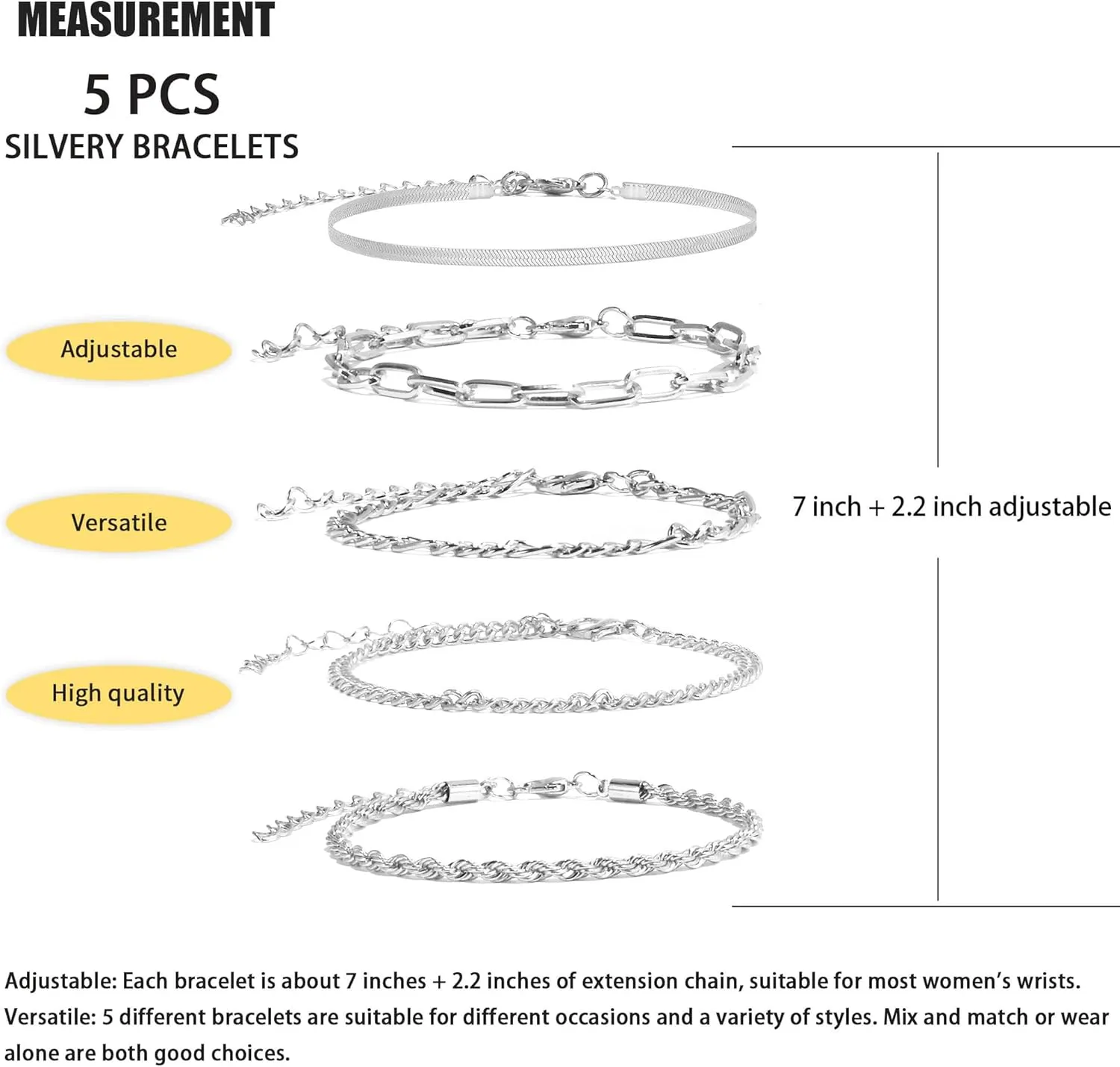 VIBILIA Silver Chain Bracelet Sets for Women Silver Plated Dainty Twist Link Paperclip Bracelets Stackable Adjustable Layered Metal Bracelet Fashion Jewelry