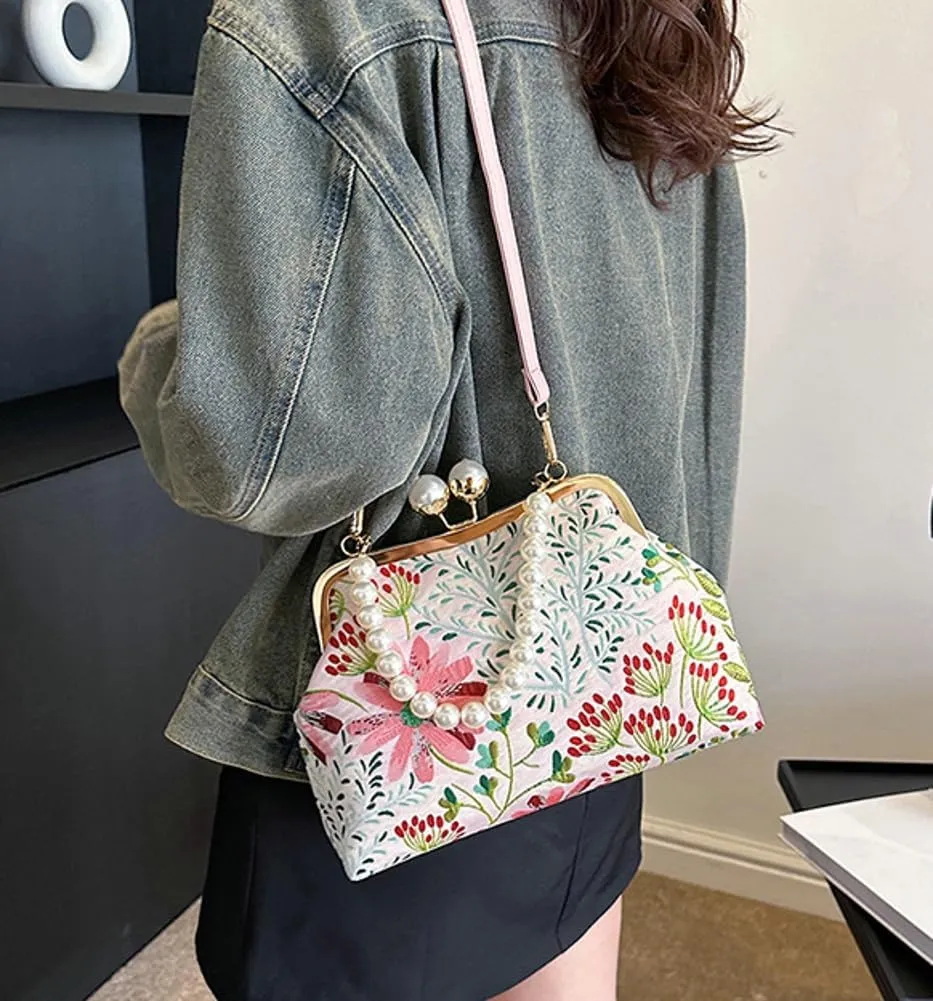 Vintage Embroidered Flower Handbag Retro Pearl Chain Crossbody Bag Clutch Kiss Lock Top Handle Shoulder Purse Wallet 2025