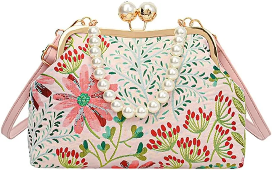 Vintage Embroidered Flower Handbag Retro Pearl Chain Crossbody Bag Clutch Kiss Lock Top Handle Shoulder Purse Wallet 2025