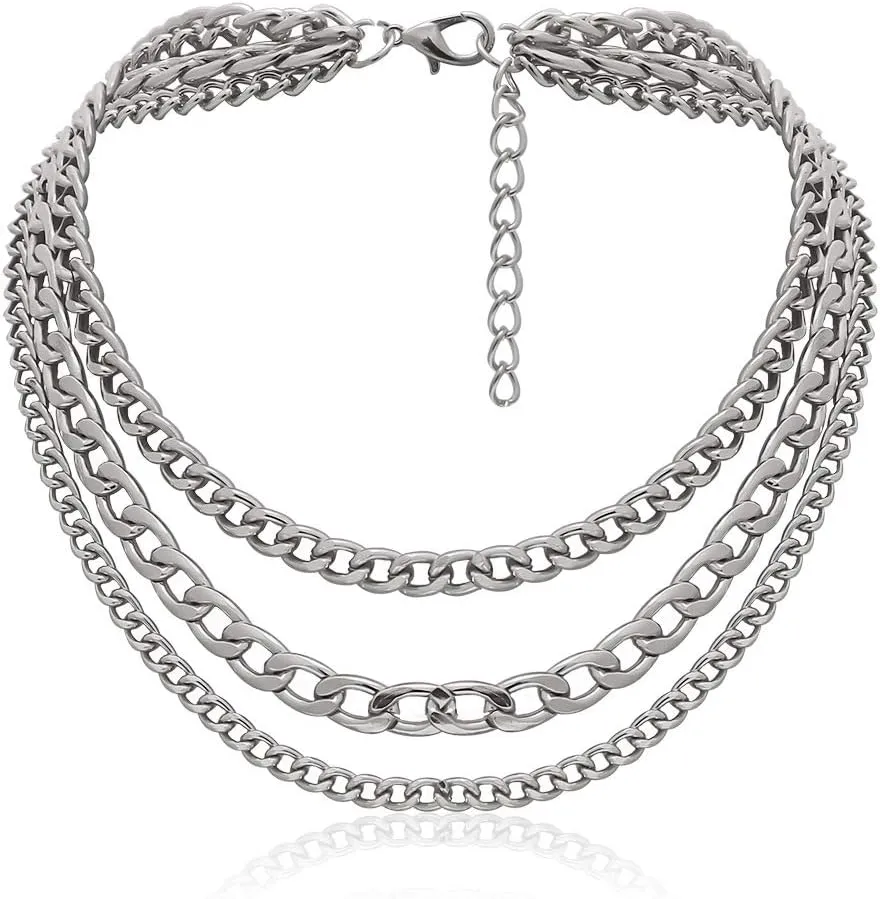 Vintage Style Gold Silver Thick Chunky Chain Layered Necklaces Choker Hollow Out Round Circle Inlaid Crystal Pendant Necklaces for Women Girls Elegant Jewelry