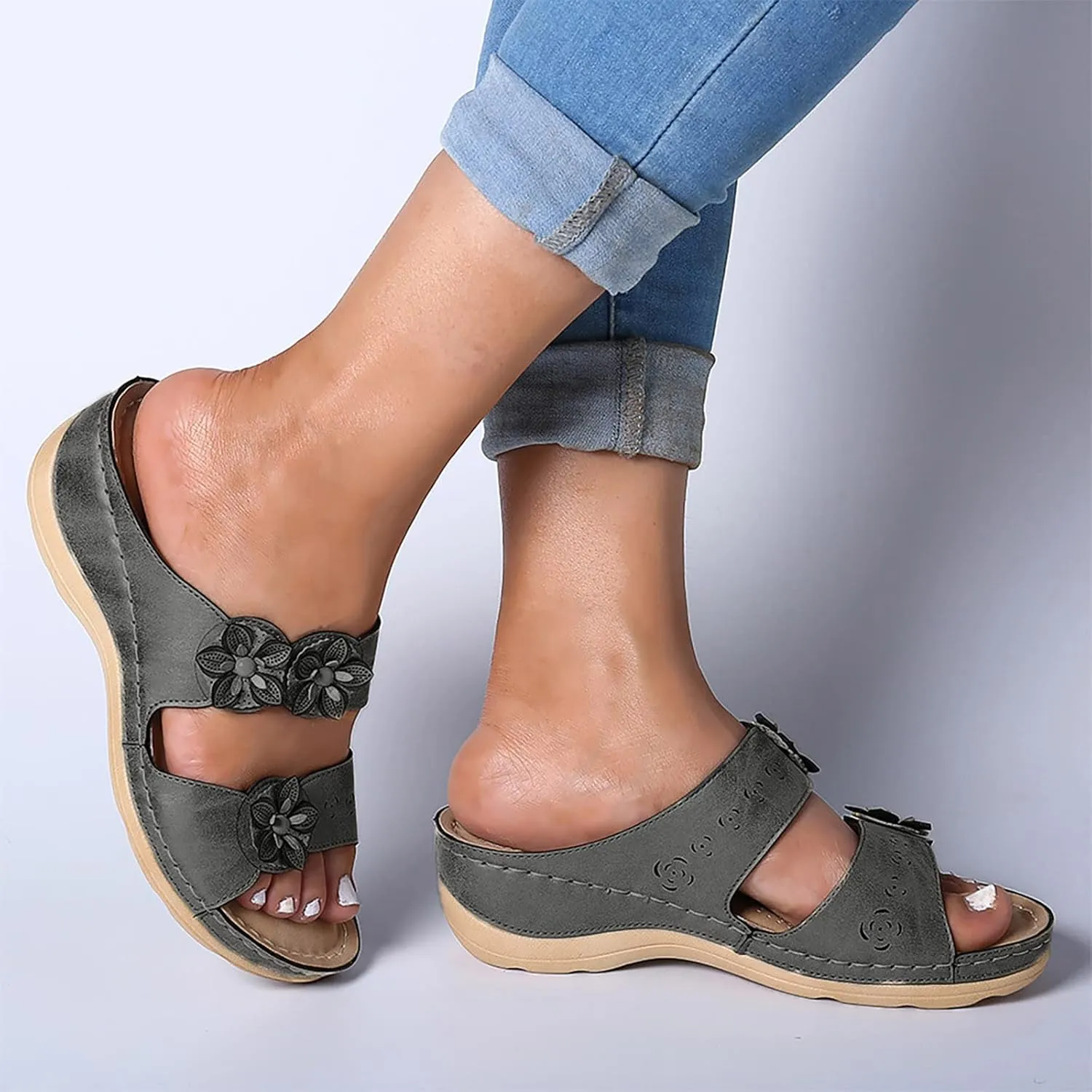 Walking Sandals Women Comfort Orthopedic Sandals Arch Support Slip On Wedge Sandals Summer Beach Vacation Sandals