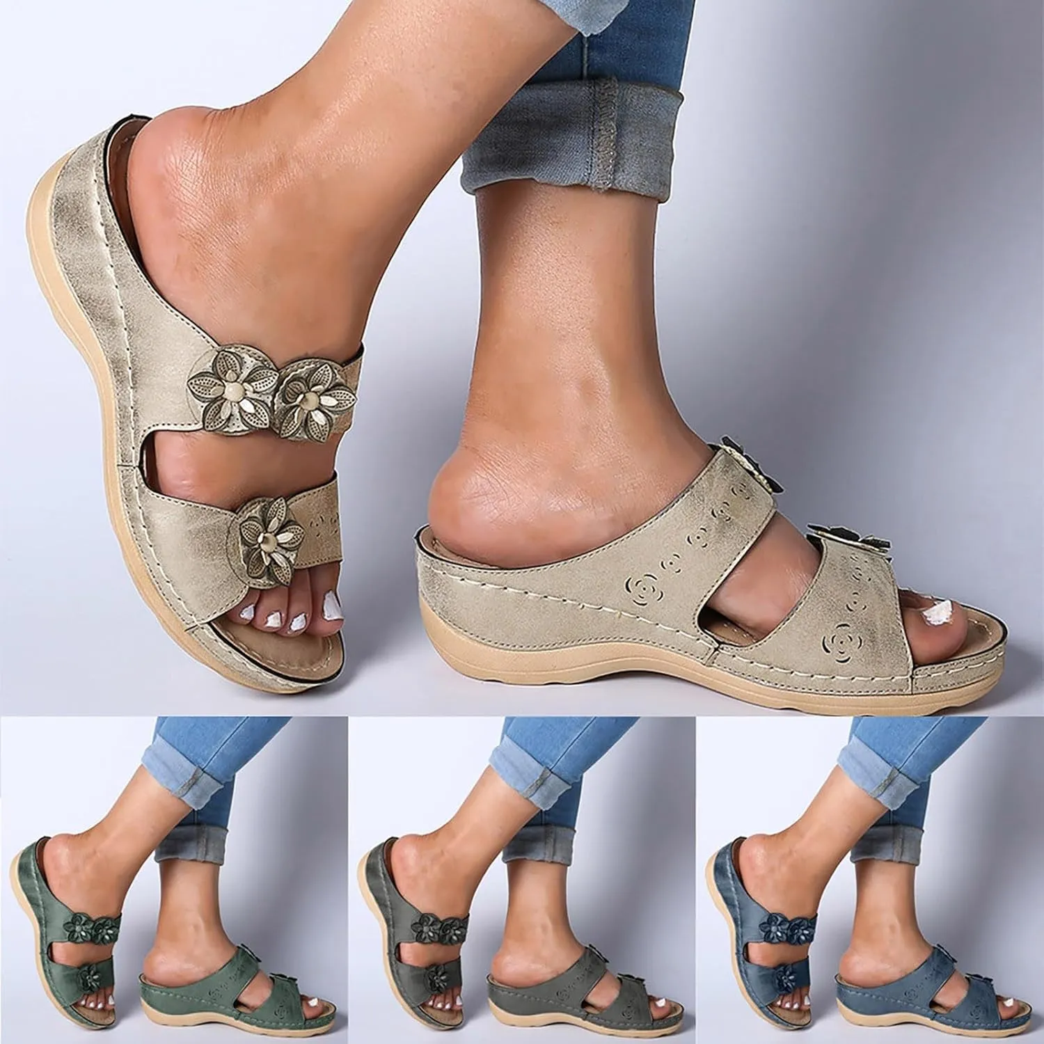 Walking Sandals Women Comfort Orthopedic Sandals Arch Support Slip On Wedge Sandals Summer Beach Vacation Sandals