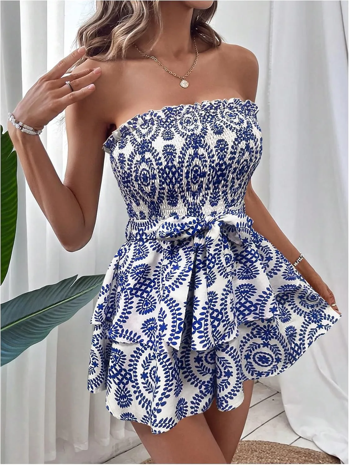 WDIRARA Women's Boho Print Sleeveless Strapless Ruffle Hem Romper Shorts Shirred Tie Front Tube Jumpsuit