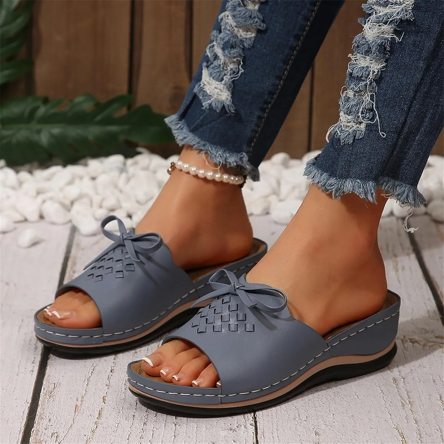 Wedge Sandals for Women 2025 Summer Arch Support Orthopedic Slippers, Bow Knot Decor Fish Mouth Sandals Open Toe Slip on Slippers Casual Walking Beach Slipper All Day Comfort