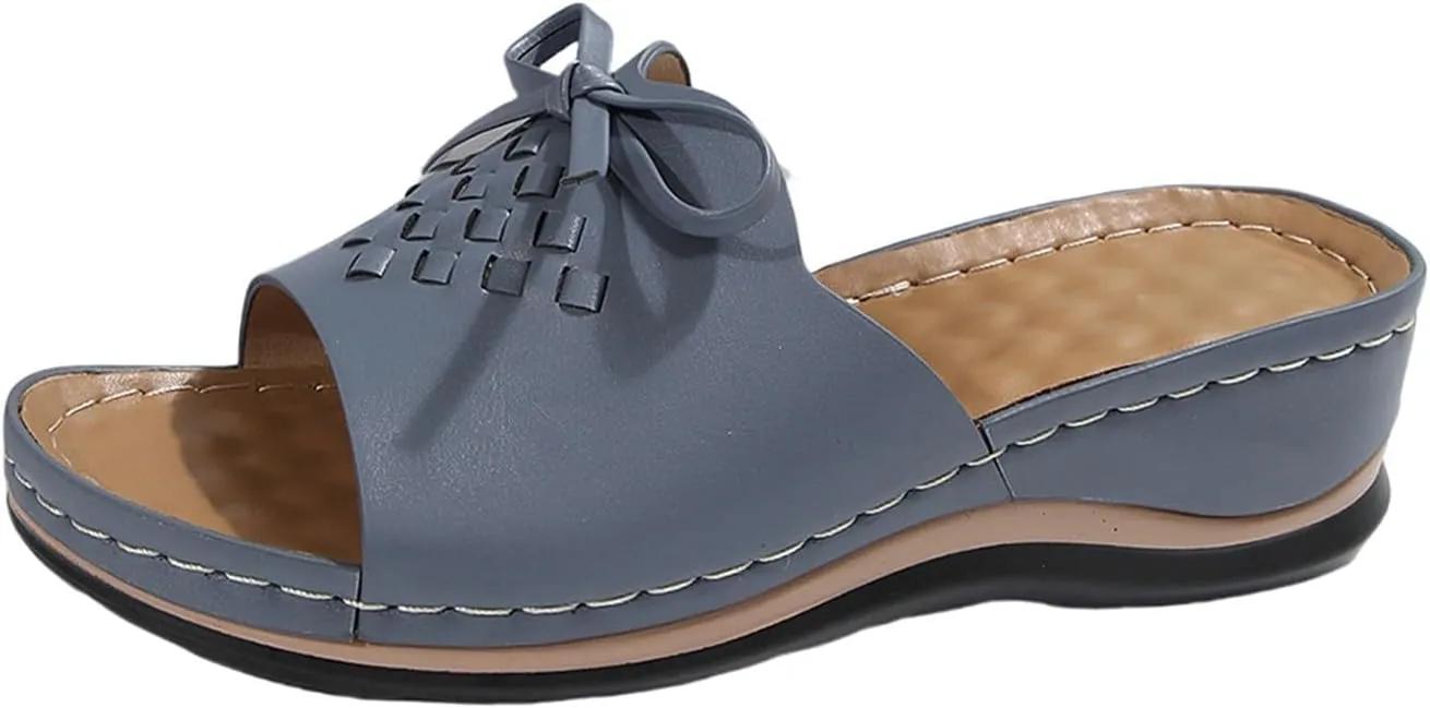 Wedge Sandals for Women 2025 Summer Arch Support Orthopedic Slippers, Bow Knot Decor Fish Mouth Sandals Open Toe Slip on Slippers Casual Walking Beach Slipper All Day Comfort