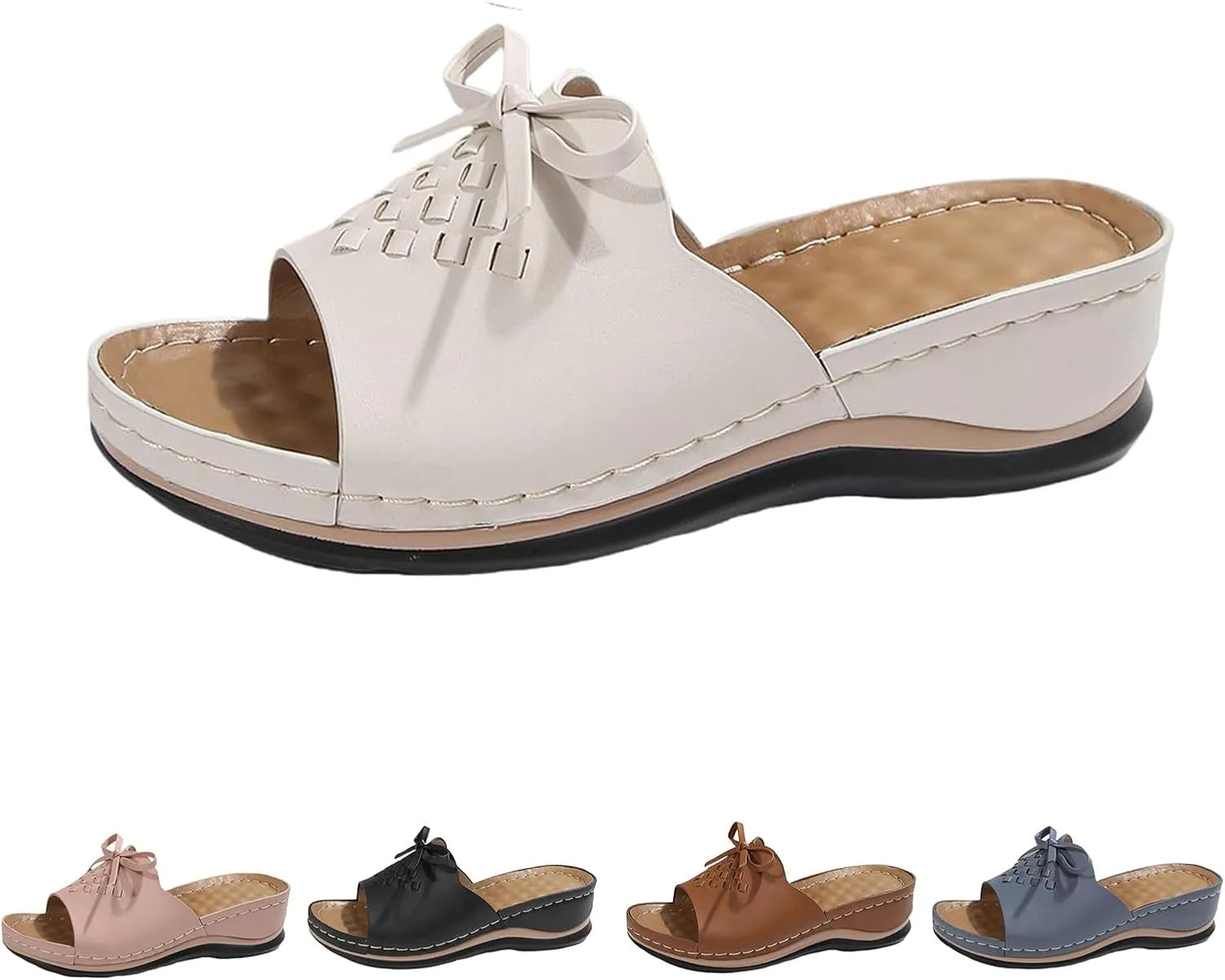 Wedge Sandals for Women 2025 Summer Arch Support Orthopedic Slippers, Bow Knot Decor Fish Mouth Sandals Open Toe Slip on Slippers Casual Walking Beach Slipper All Day Comfort