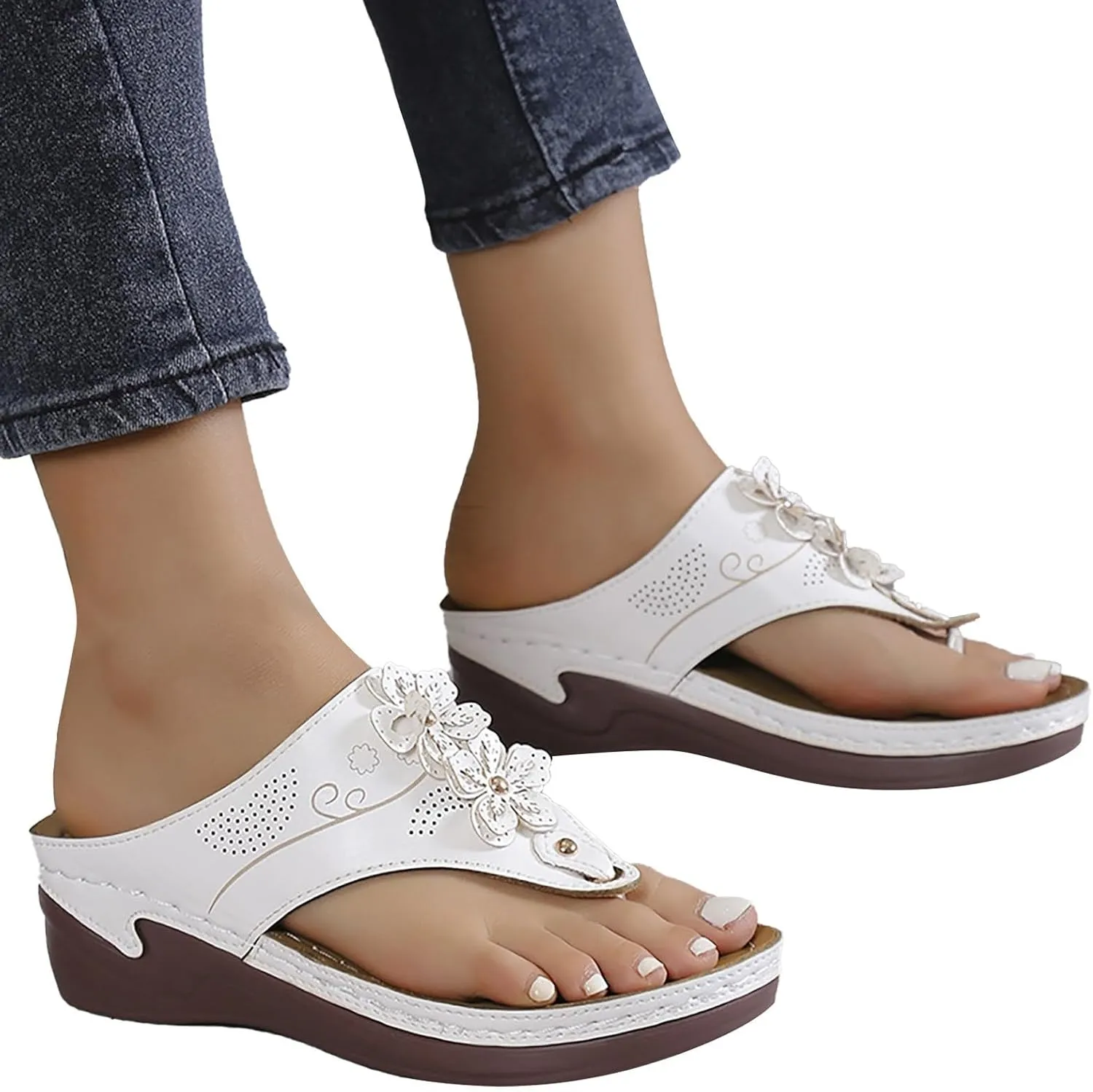 Wedge Sandals for Women Dressy Comfortable Double Flowers Orthopedic Walking Platform Wedges Shoes Dressy Summer Casual Beach Bohemian Flip Flops
