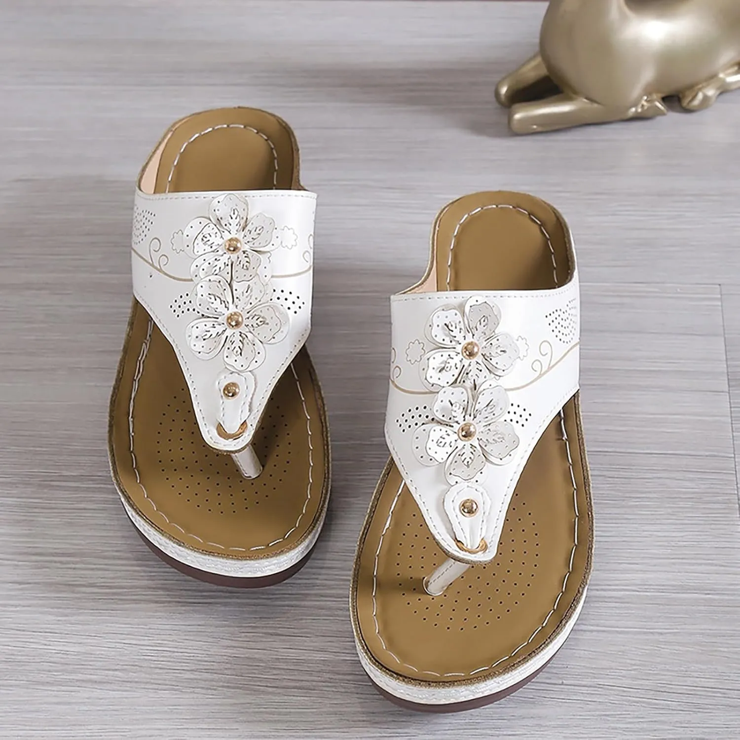 Wedge Sandals for Women Dressy Comfortable Double Flowers Orthopedic Walking Platform Wedges Shoes Dressy Summer Casual Beach Bohemian Flip Flops