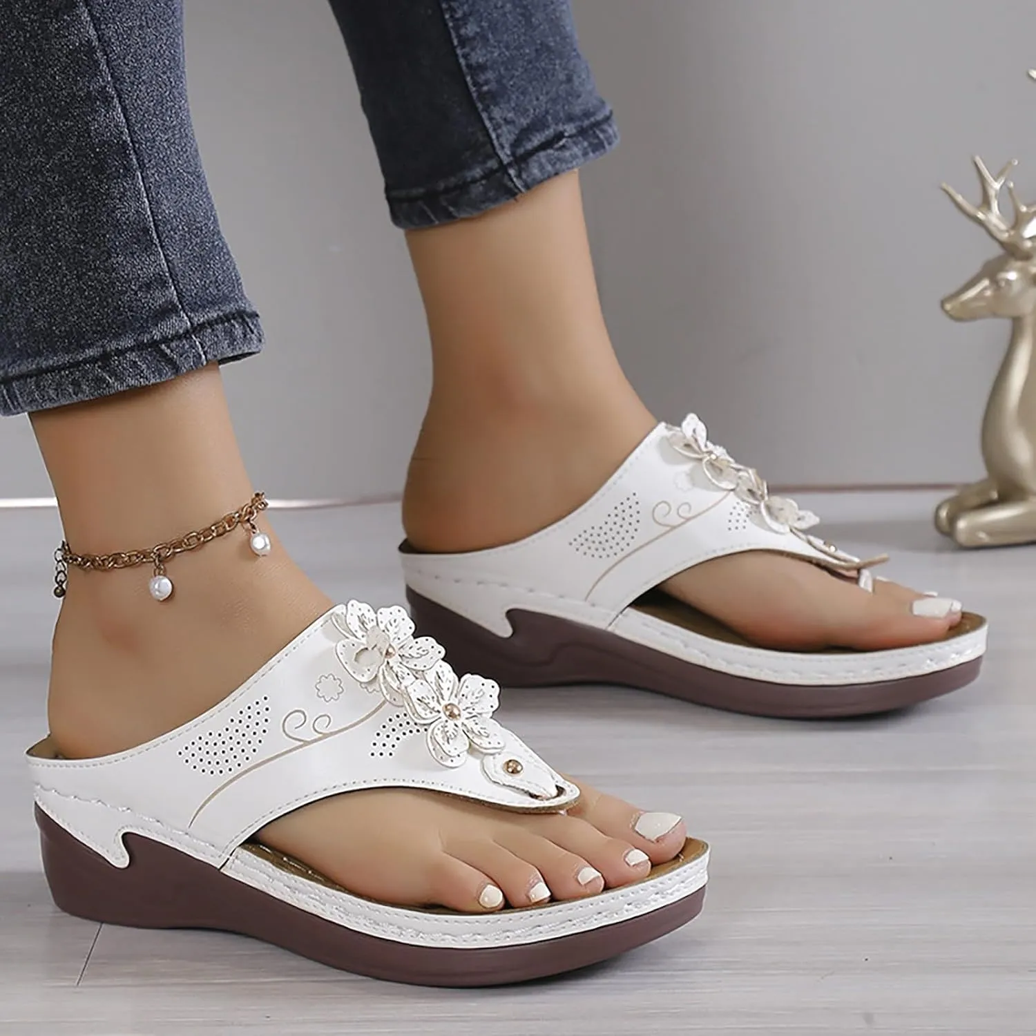 Wedge Sandals for Women Dressy Comfortable Double Flowers Orthopedic Walking Platform Wedges Shoes Dressy Summer Casual Beach Bohemian Flip Flops