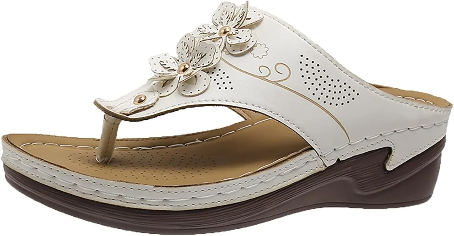Wedge Sandals for Women Dressy Comfortable Double Flowers Orthopedic Walking Platform Wedges Shoes Dressy Summer Casual Beach Bohemian Flip Flops