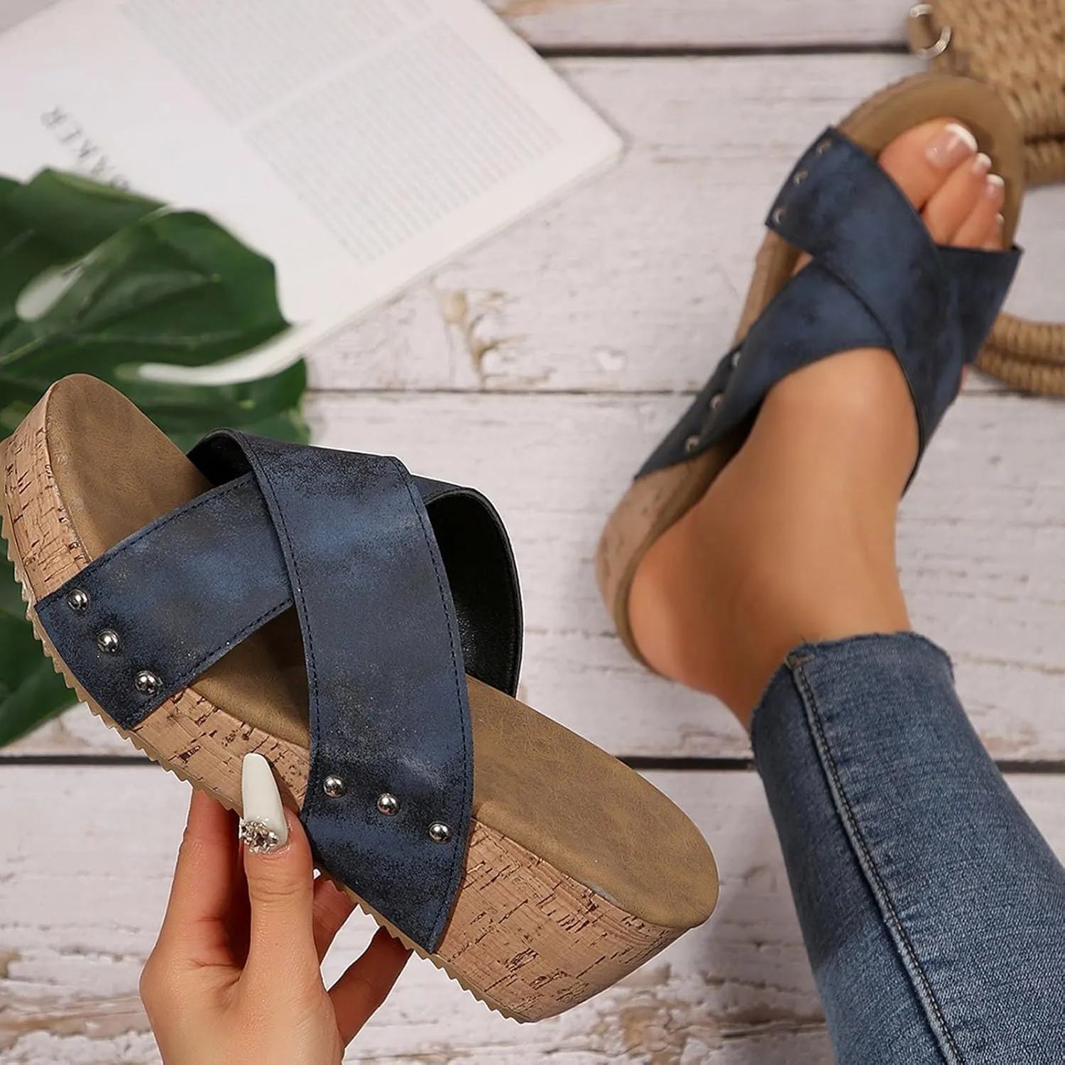 Wedge Sandals for Women Dressy Summer Leather Platform Wedge Slippers Comfortable Open Toe Cork Casual & Dressy Summer Shoes Slip On Slides