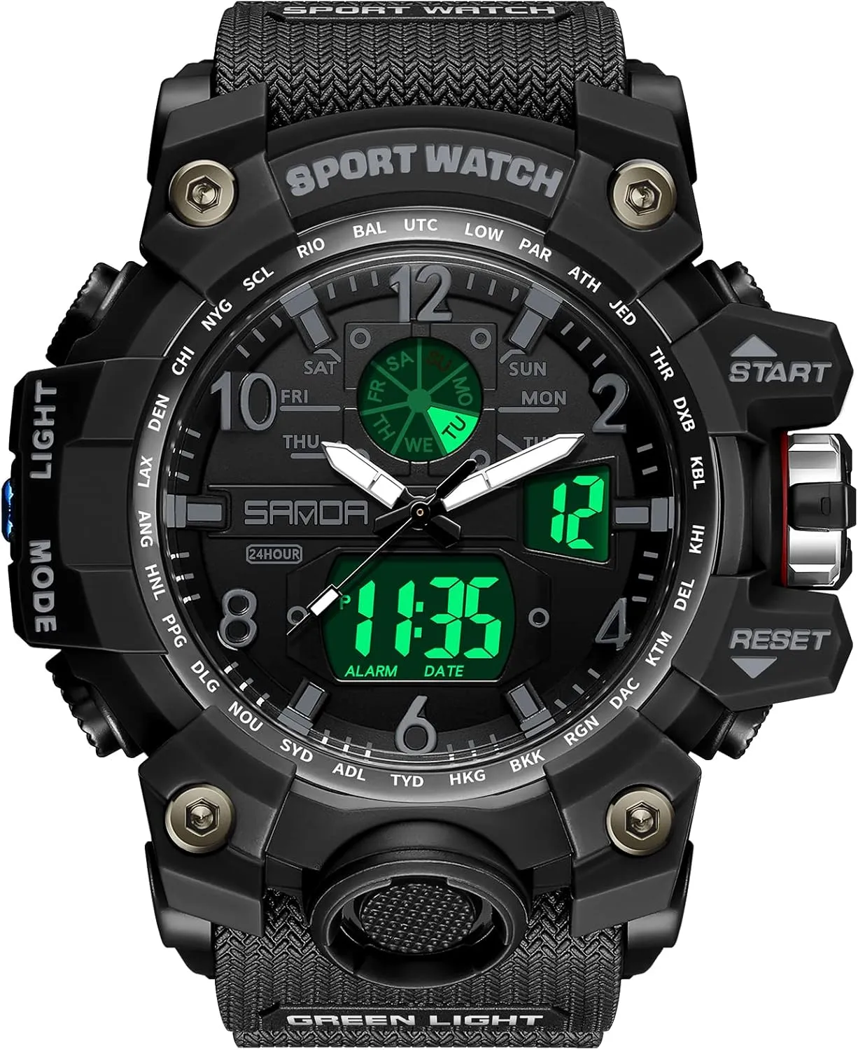 WISHFAN Mens Military Watch, Dual-Display Waterproof Sports Digital Watch Big Wrist for Men with Alarm (Black)