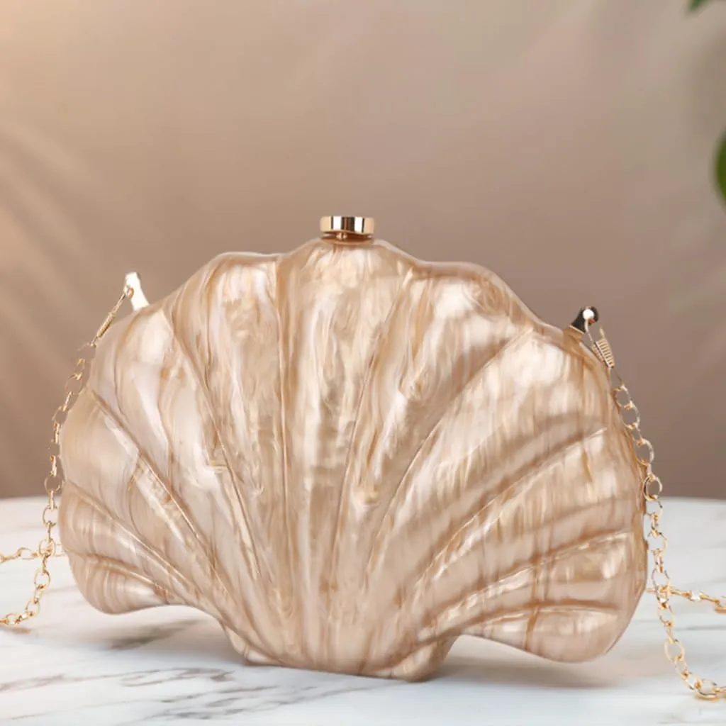 Women Acrylic Marbled Shell-Shaped Clutch Purse Luxury Metal Chain Bride Evening Bag for Casual Wear Dating Wedding