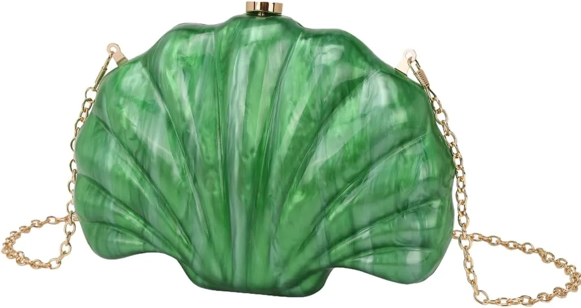 Women Acrylic Marbled Shell-Shaped Clutch Purse Luxury Metal Chain Bride Evening Bag for Casual Wear Dating Wedding