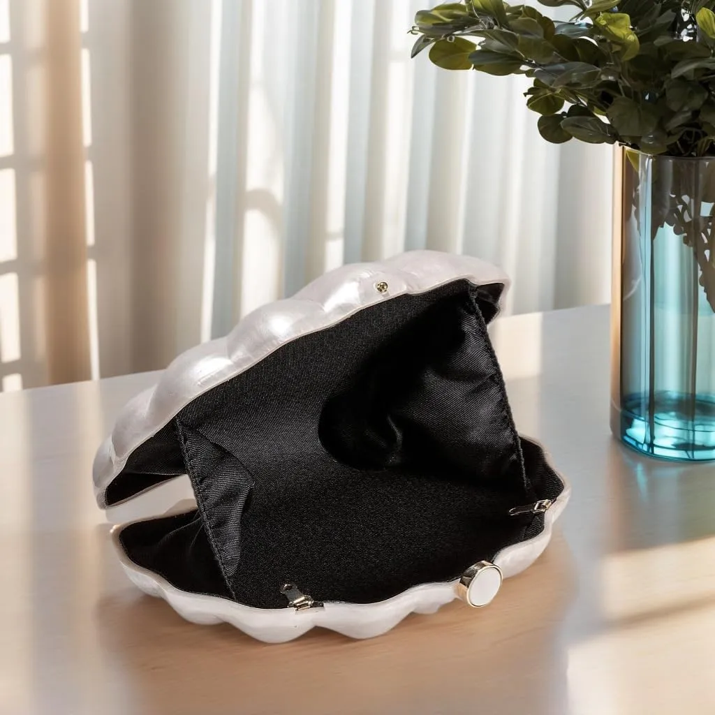 Women Acrylic Marbled Shell-Shaped Clutch Purse Luxury Metal Chain Bride Evening Bag for Casual Wear Dating Wedding