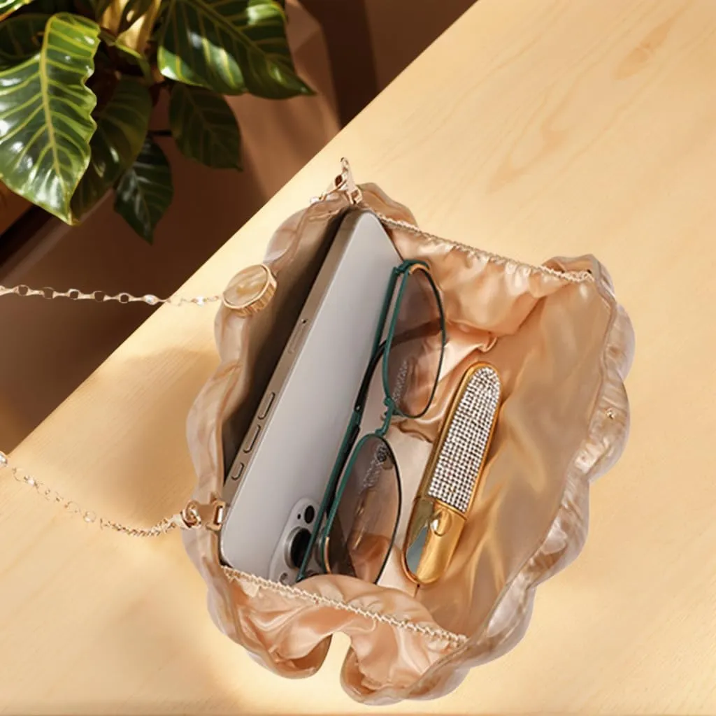 Women Acrylic Marbled Shell-Shaped Clutch Purse Luxury Metal Chain Bride Evening Bag for Casual Wear Dating Wedding