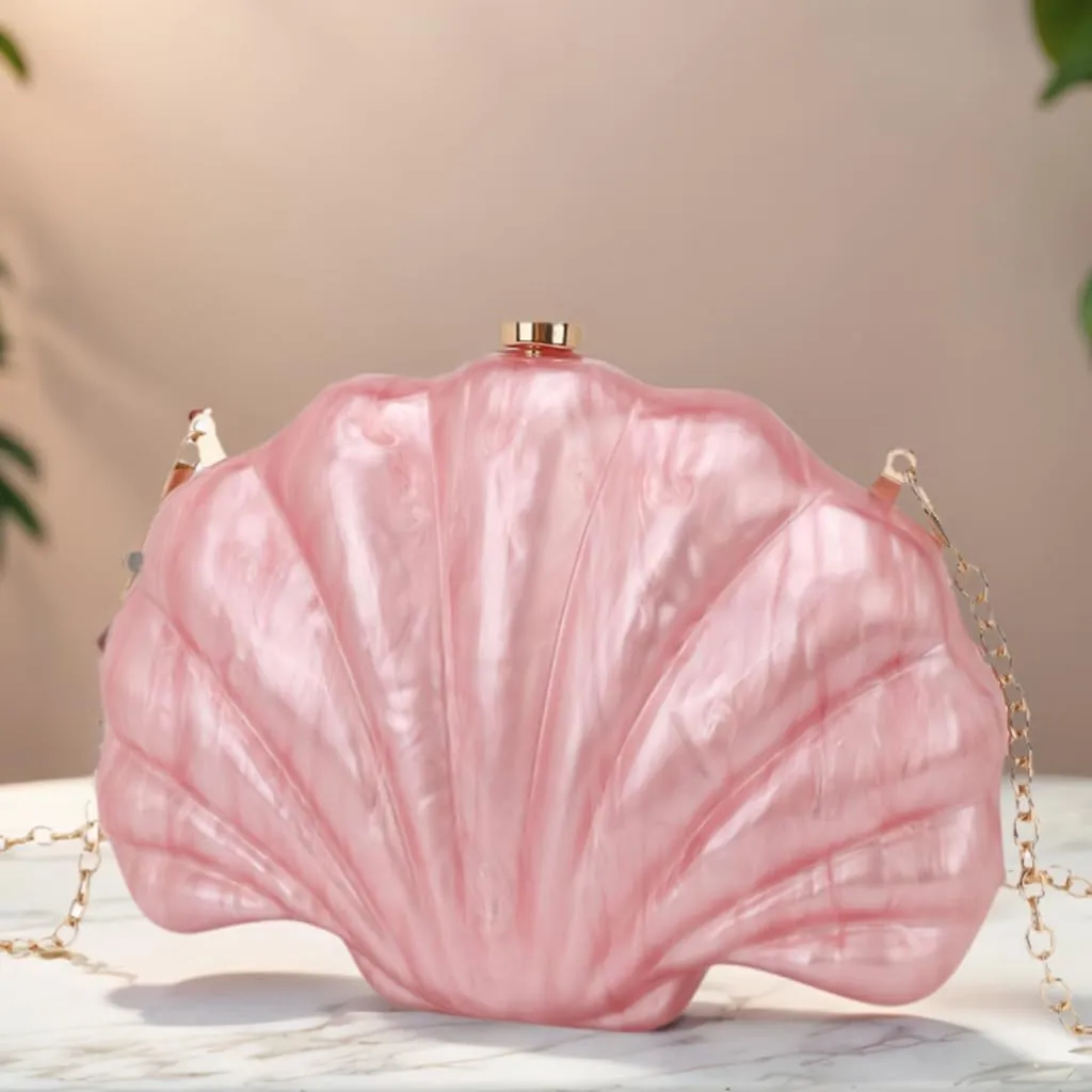 Women Acrylic Marbled Shell-Shaped Clutch Purse Luxury Metal Chain Bride Evening Bag for Casual Wear Dating Wedding