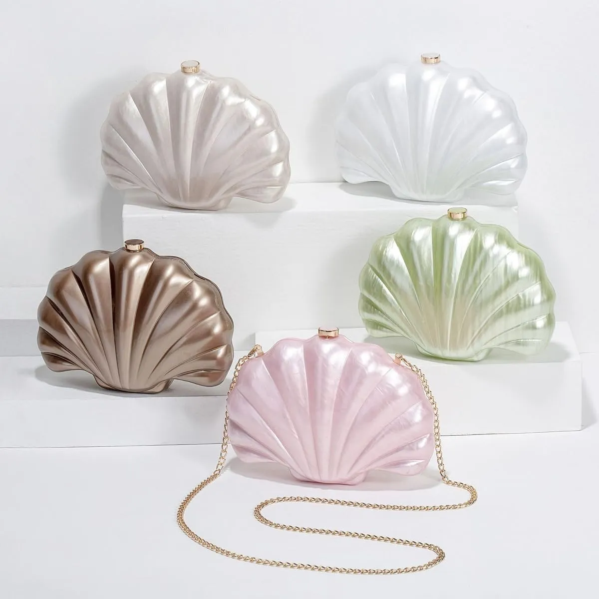 Women Acrylic Marbled Shell-Shaped Clutch Purse Luxury Metal Chain Bride Evening Bag for Casual Wear Dating Wedding