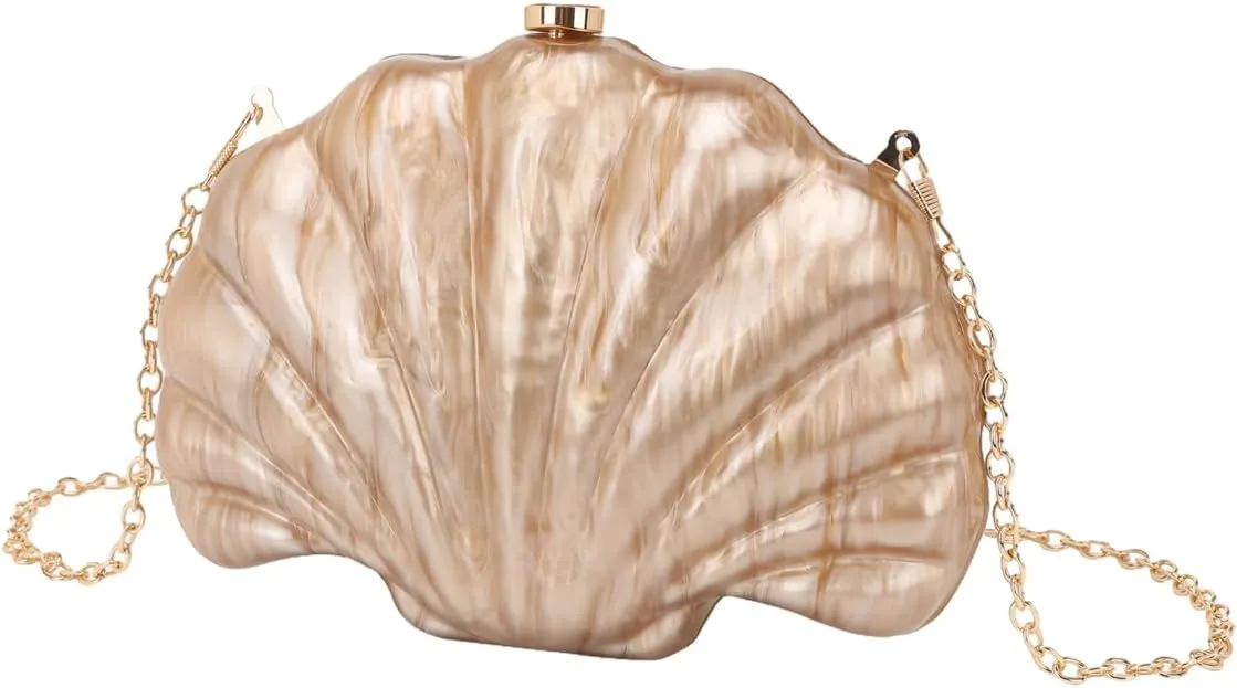 Women Acrylic Marbled Shell-Shaped Clutch Purse Luxury Metal Chain Bride Evening Bag for Casual Wear Dating Wedding
