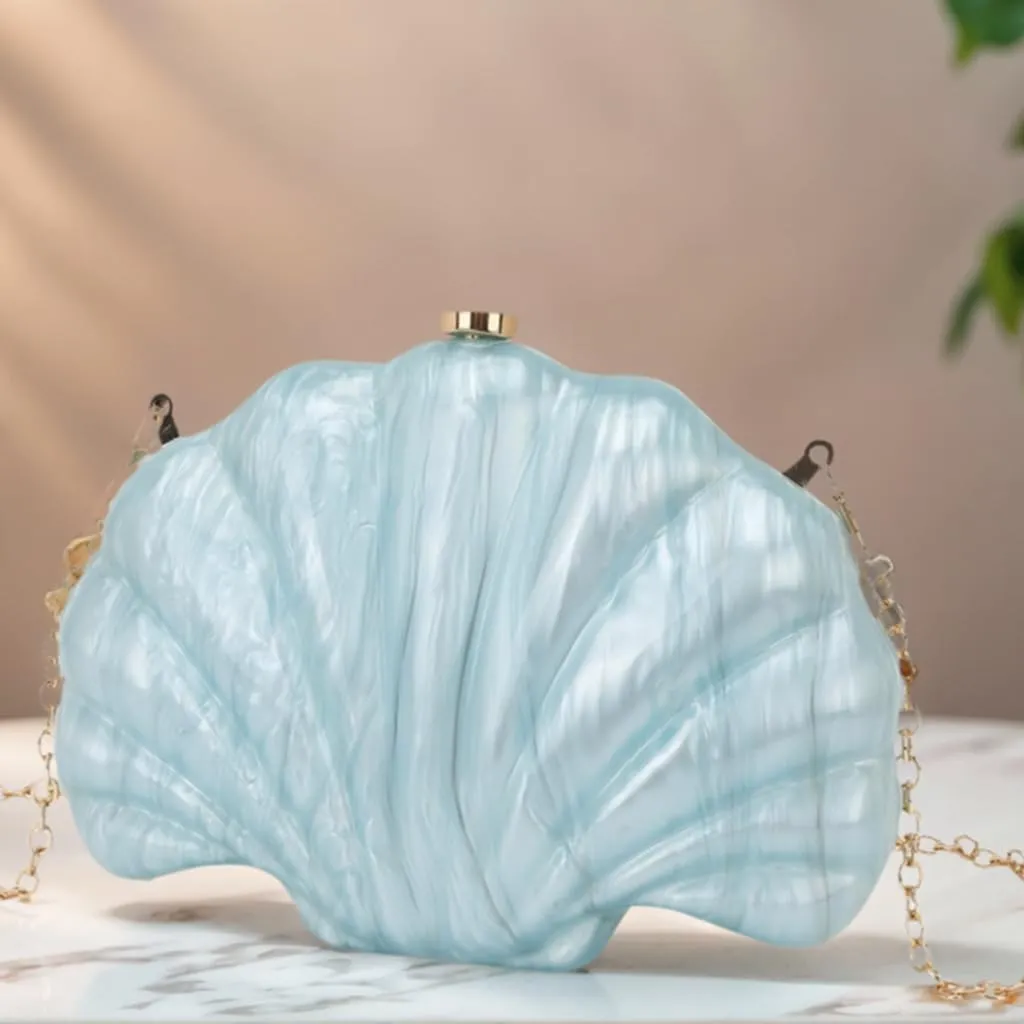 Women Acrylic Marbled Shell-Shaped Clutch Purse Luxury Metal Chain Bride Evening Bag for Casual Wear Dating Wedding