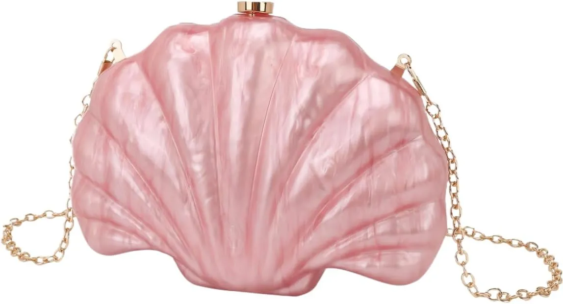 Women Acrylic Marbled Shell-Shaped Clutch Purse Luxury Metal Chain Bride Evening Bag for Casual Wear Dating Wedding