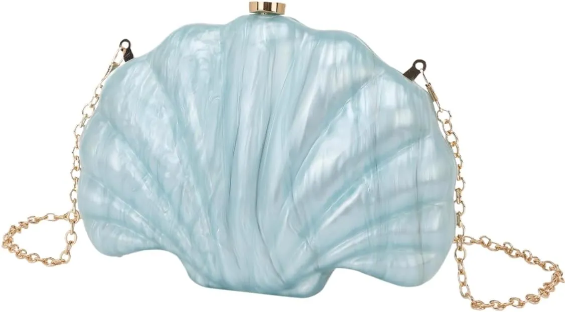 Women Acrylic Marbled Shell-Shaped Clutch Purse Luxury Metal Chain Bride Evening Bag for Casual Wear Dating Wedding