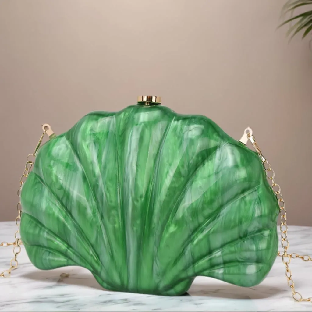 Women Acrylic Marbled Shell-Shaped Clutch Purse Luxury Metal Chain Bride Evening Bag for Casual Wear Dating Wedding