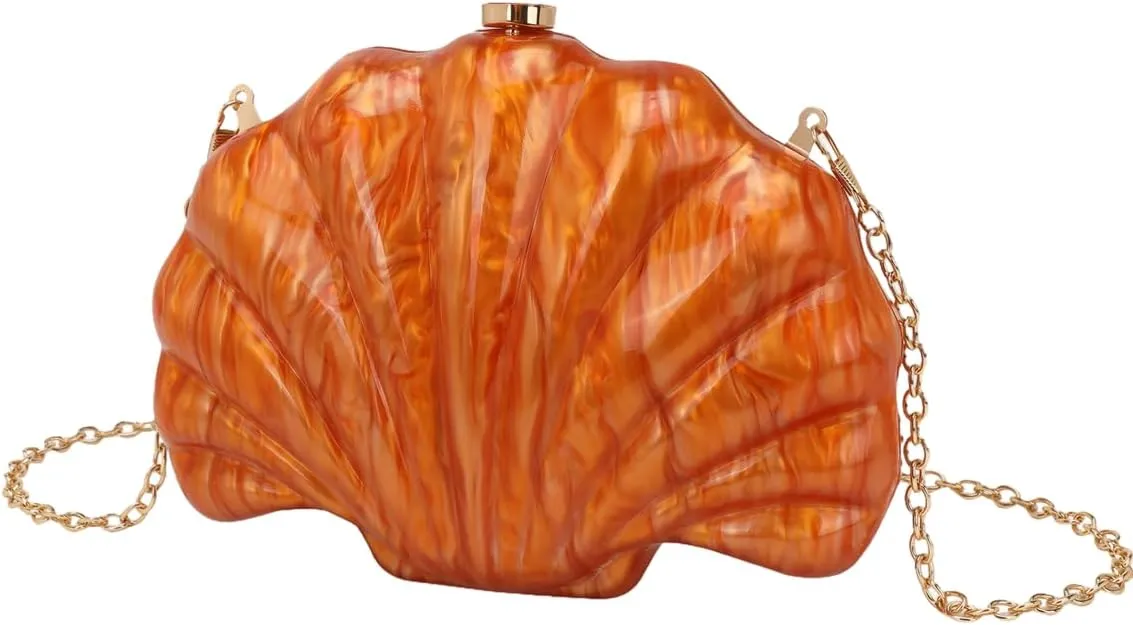 Women Acrylic Marbled Shell-Shaped Clutch Purse Luxury Metal Chain Bride Evening Bag for Casual Wear Dating Wedding