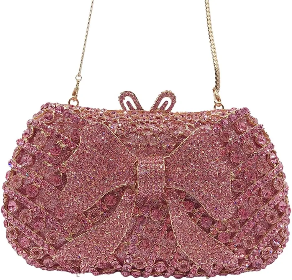 Women Cute Bowknot Crystal Evening Bag Rhinestone Clutch Purse Lovely Handbag for Dating Engagement Wedding
