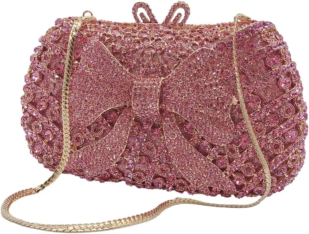Women Cute Bowknot Crystal Evening Bag Rhinestone Clutch Purse Lovely Handbag for Dating Engagement Wedding