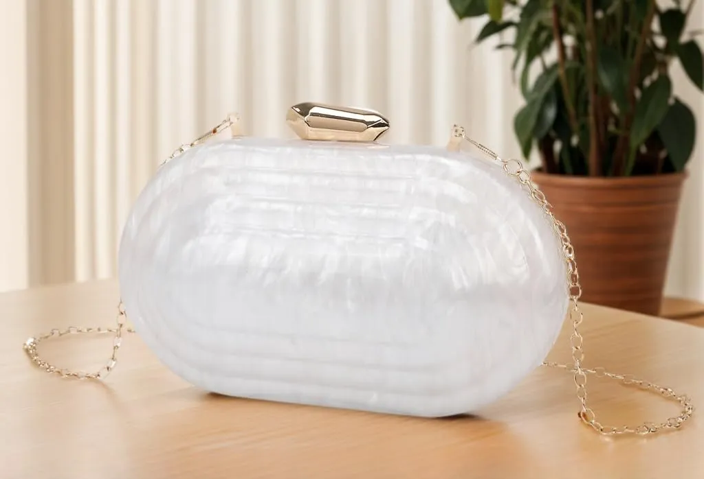 Women Elegant Oval Marbling Acrylic Wedding Clutch Purse Metal Chain Evening Handbag for Dinner Night Out Bar