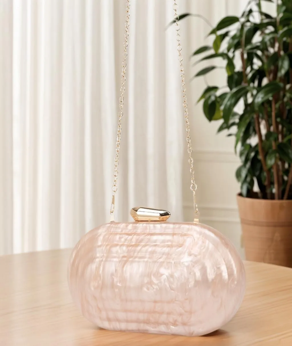 Women Elegant Oval Marbling Acrylic Wedding Clutch Purse Metal Chain Evening Handbag for Dinner Night Out Bar