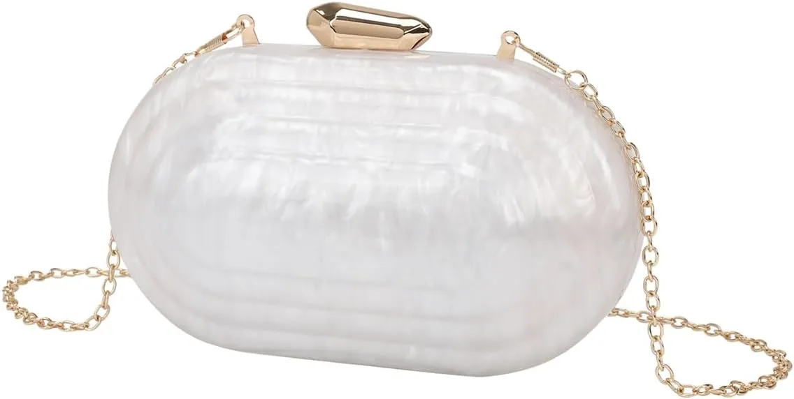 Women Elegant Oval Marbling Acrylic Wedding Clutch Purse Metal Chain Evening Handbag for Dinner Night Out Bar